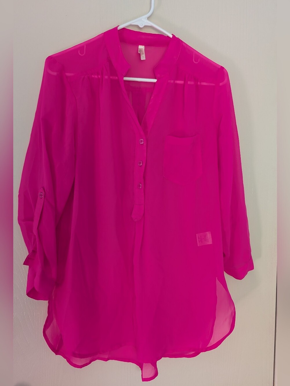 Live 4 Truth Fuchsia Pink Sheer Chiffon Roll-Tab Blouse - Large